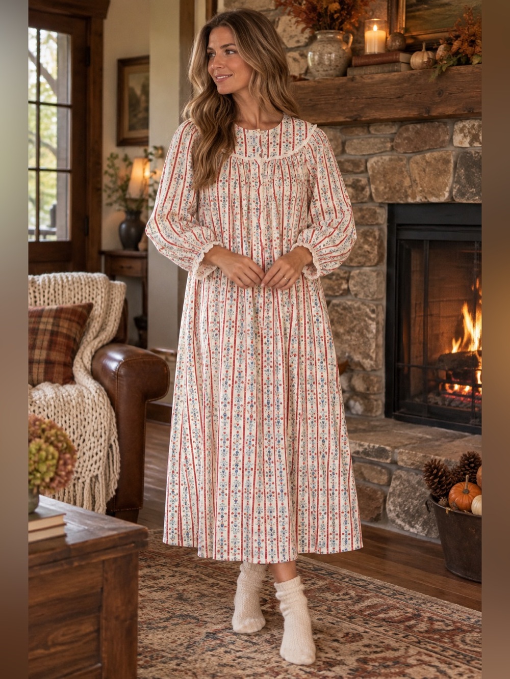 Lanz of Salzburg Nightgown Large Cotton Flannel Lace Eyelet Trim Hearts Flowers
